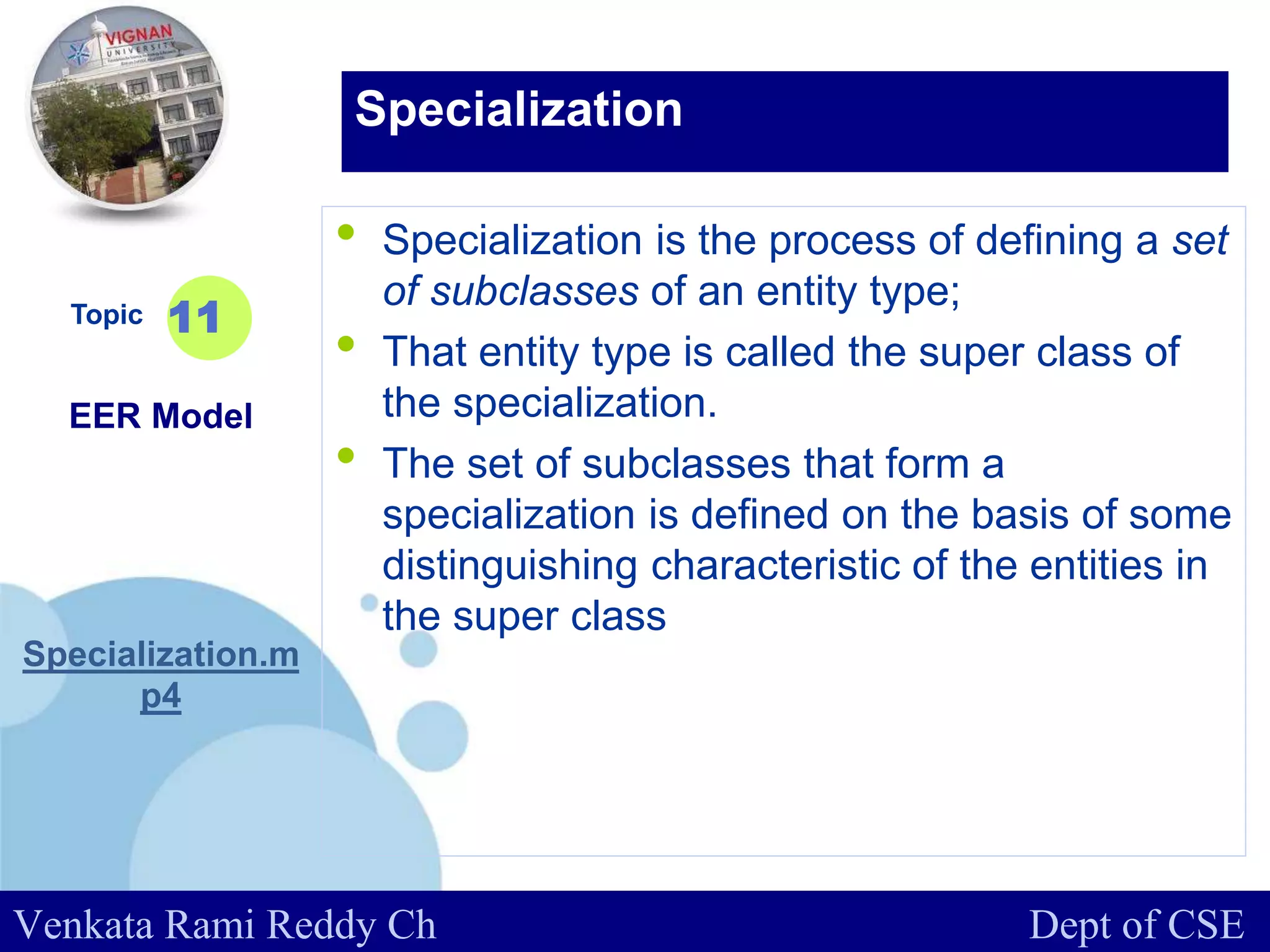 www.company.com
• Specialization is the process of defining a set
of subclasses of an entity type;
• That entity type is called the super class of
the specialization.
• The set of subclasses that form a
specialization is defined on the basis of some
distinguishing characteristic of the entities in
the super class
Topic
EER Model
Specialization.m
p4
11
Specialization
Venkata Rami Reddy Ch Dept of CSE
 