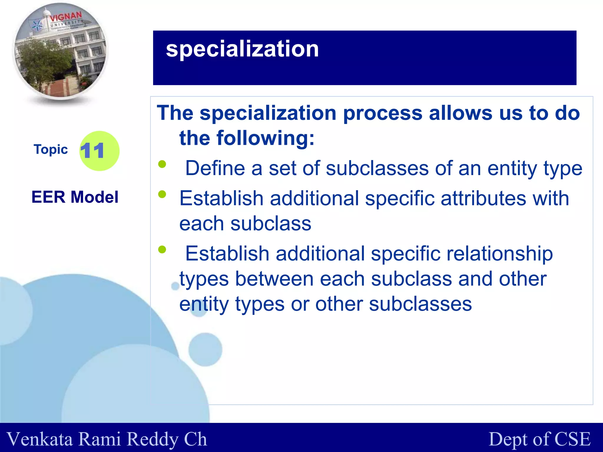 www.company.com
The specialization process allows us to do
the following:
• Define a set of subclasses of an entity type
• Establish additional specific attributes with
each subclass
• Establish additional specific relationship
types between each subclass and other
entity types or other subclasses
Topic
EER Model
11
specialization
Venkata Rami Reddy Ch Dept of CSE
 
