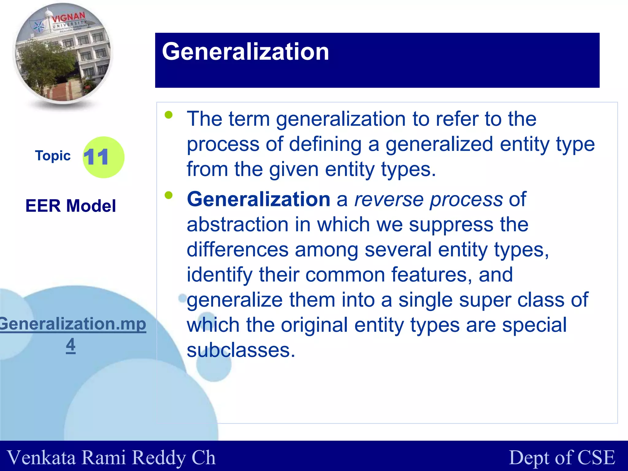 www.company.com
• The term generalization to refer to the
process of defining a generalized entity type
from the given entity types.
• Generalization a reverse process of
abstraction in which we suppress the
differences among several entity types,
identify their common features, and
generalize them into a single super class of
which the original entity types are special
subclasses.
Topic
EER Model
Generalization.mp
4
11
Generalization
Venkata Rami Reddy Ch Dept of CSE
 