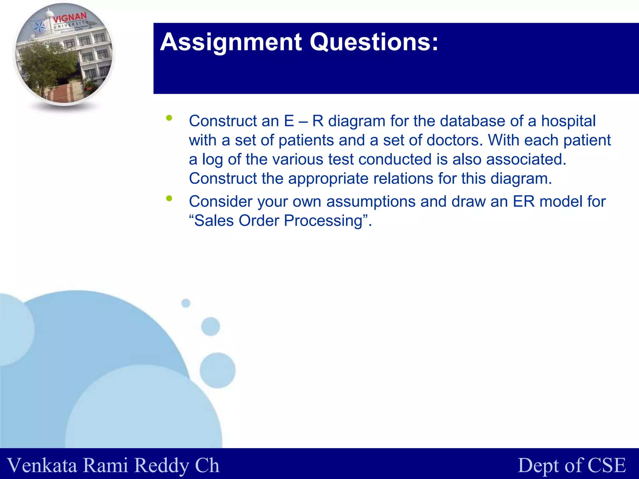 www.company.com
Assignment Questions:
• Construct an E – R diagram for the database of a hospital
with a set of patients and a set of doctors. With each patient
a log of the various test conducted is also associated.
Construct the appropriate relations for this diagram.
• Consider your own assumptions and draw an ER model for
“Sales Order Processing”.
Venkata Rami Reddy Ch Dept of CSE
 
