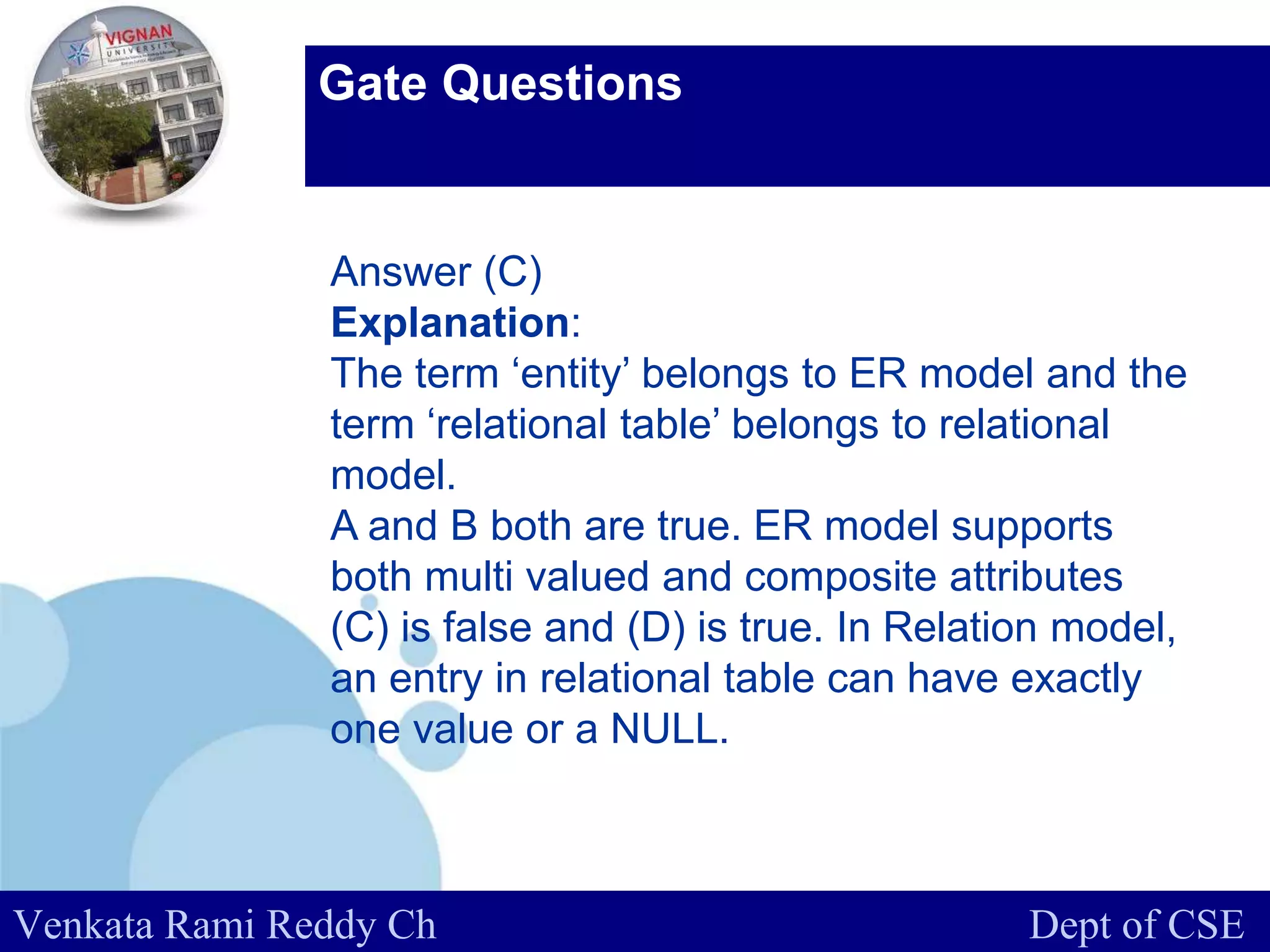 www.company.com
Gate Questions
Venkata Rami Reddy Ch Dept of CSE
Answer (C)
Explanation:
The term ‘entity’ belongs to ER model and the
term ‘relational table’ belongs to relational
model.
A and B both are true. ER model supports
both multi valued and composite attributes
(C) is false and (D) is true. In Relation model,
an entry in relational table can have exactly
one value or a NULL.
 