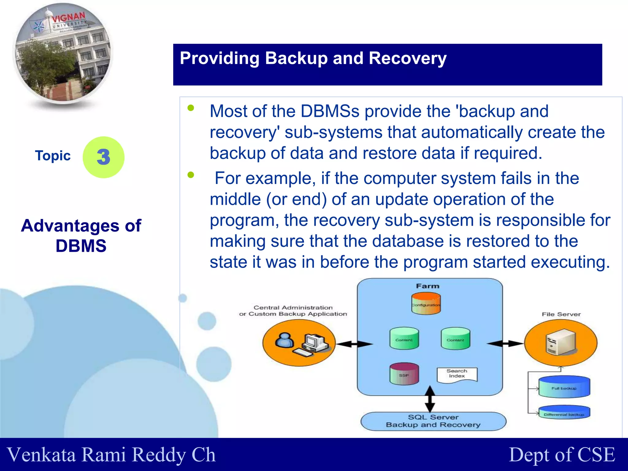 www.company.com
• Most of the DBMSs provide the 'backup and
recovery' sub-systems that automatically create the
backup of data and restore data if required.
• For example, if the computer system fails in the
middle (or end) of an update operation of the
program, the recovery sub-system is responsible for
making sure that the database is restored to the
state it was in before the program started executing.
Topic
Advantages of
DBMS
3
Providing Backup and Recovery
Venkata Rami Reddy Ch Dept of CSE
 