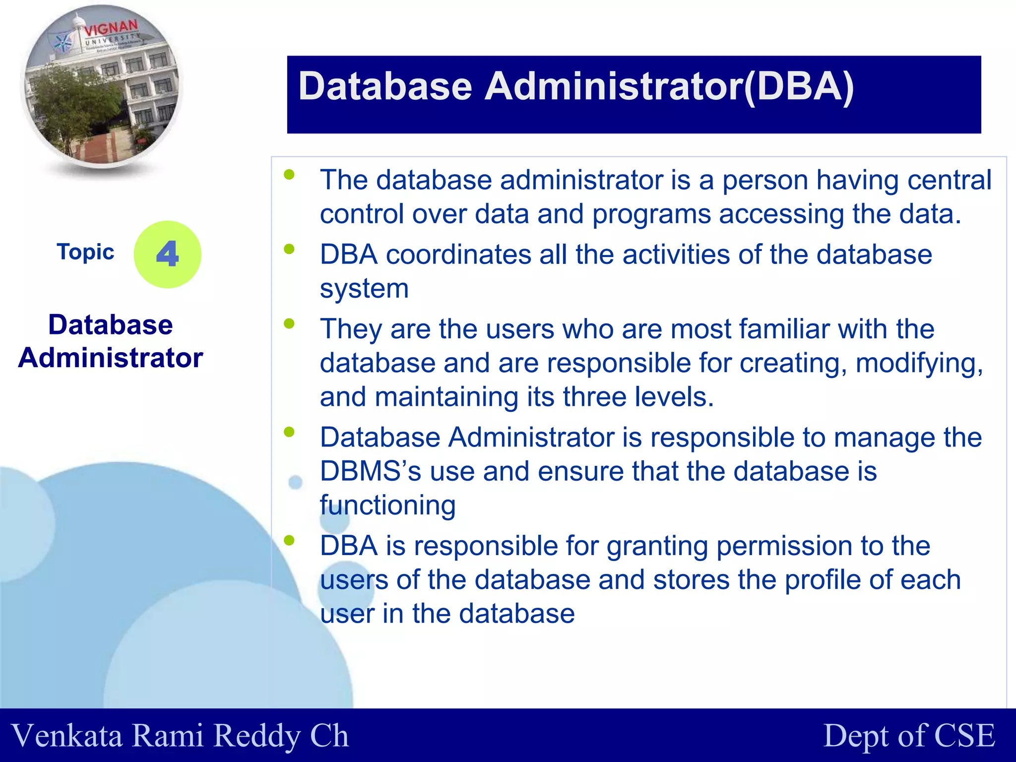 www.company.com
• The database administrator is a person having central
control over data and programs accessing the data.
• DBA coordinates all the activities of the database
system
• They are the users who are most familiar with the
database and are responsible for creating, modifying,
and maintaining its three levels.
• Database Administrator is responsible to manage the
DBMS’s use and ensure that the database is
functioning
• DBA is responsible for granting permission to the
users of the database and stores the profile of each
user in the database
Topic
Database
Administrator
4
Database Administrator(DBA)
Venkata Rami Reddy Ch Dept of CSE
 