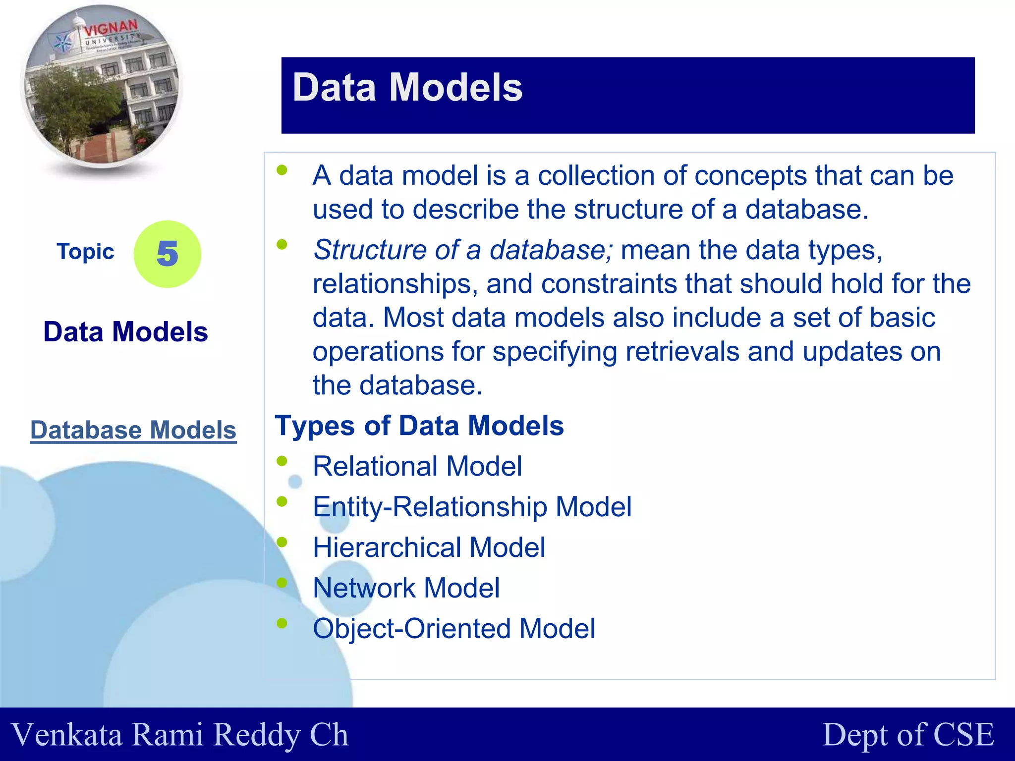 www.company.com
• A data model is a collection of concepts that can be
used to describe the structure of a database.
• Structure of a database; mean the data types,
relationships, and constraints that should hold for the
data. Most data models also include a set of basic
operations for specifying retrievals and updates on
the database.
Types of Data Models
• Relational Model
• Entity-Relationship Model
• Hierarchical Model
• Network Model
• Object-Oriented Model
Topic
Data Models
5
Data Models
Venkata Rami Reddy Ch Dept of CSE
Database Models
 
