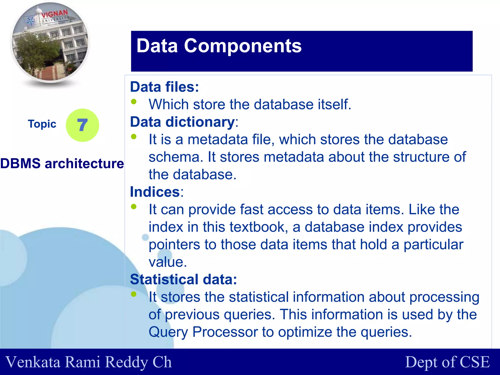 www.company.com
Data files:
• Which store the database itself.
Data dictionary:
• It is a metadata file, which stores the database
schema. It stores metadata about the structure of
the database.
Indices:
• It can provide fast access to data items. Like the
index in this textbook, a database index provides
pointers to those data items that hold a particular
value.
Statistical data:
• It stores the statistical information about processing
of previous queries. This information is used by the
Query Processor to optimize the queries.
Topic
DBMS architecture
7
Data Components
Venkata Rami Reddy Ch Dept of CSE
 