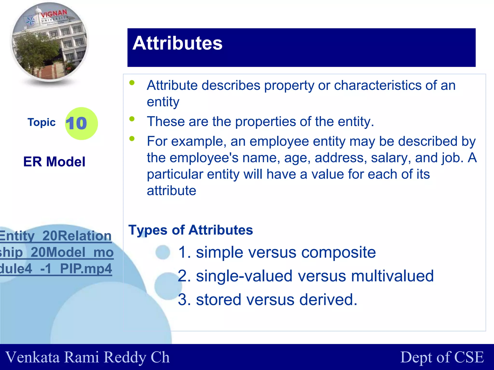 www.company.com
• Attribute describes property or characteristics of an
entity
• These are the properties of the entity.
• For example, an employee entity may be described by
the employee's name, age, address, salary, and job. A
particular entity will have a value for each of its
attribute
Types of Attributes
1. simple versus composite
2. single-valued versus multivalued
3. stored versus derived.
Topic
ER Model
Entity_20Relation
ship_20Model_mo
dule4_-1_PIP.mp4
10
Attributes
Venkata Rami Reddy Ch Dept of CSE
 