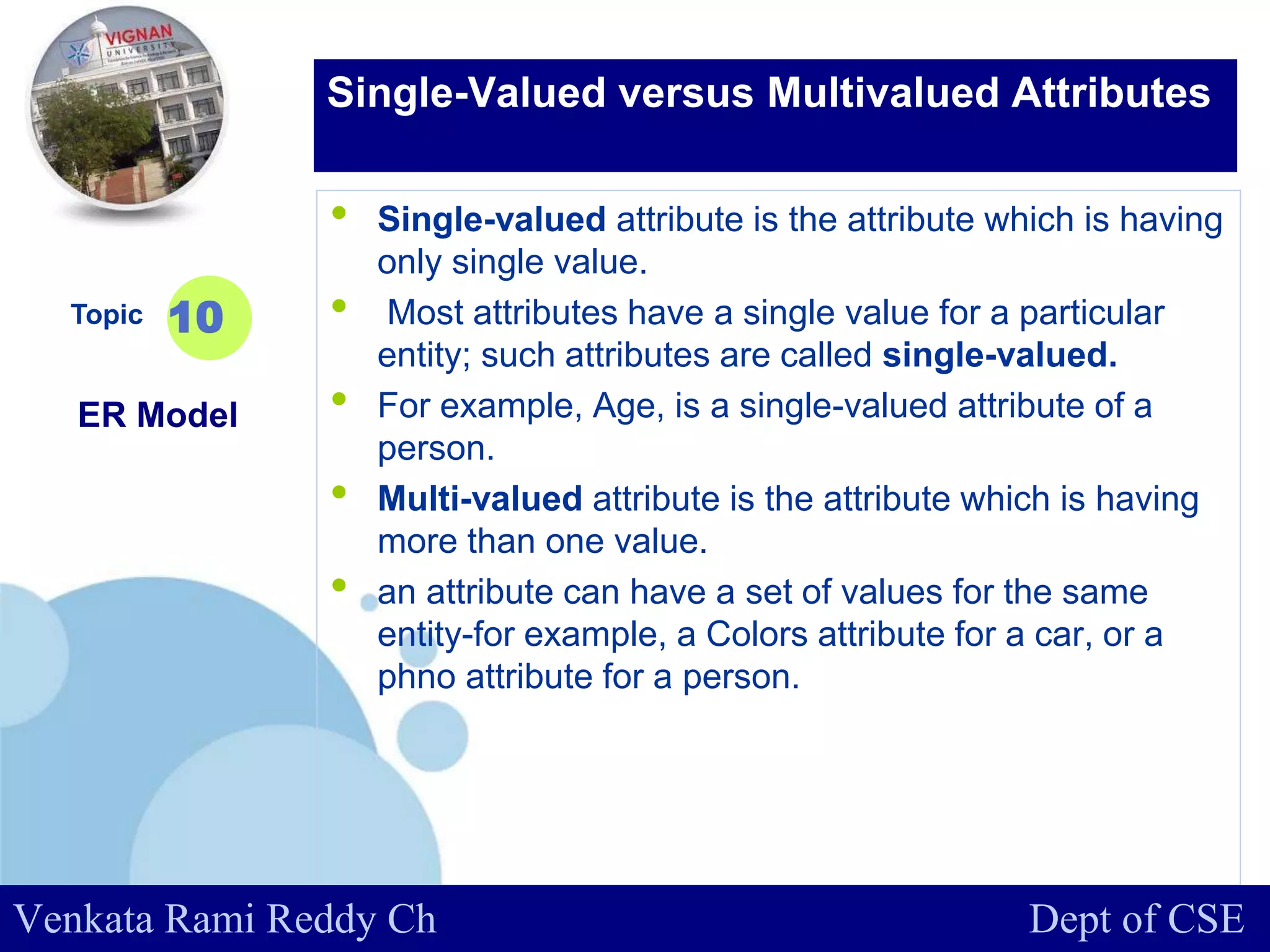 www.company.com
• Single-valued attribute is the attribute which is having
only single value.
• Most attributes have a single value for a particular
entity; such attributes are called single-valued.
• For example, Age, is a single-valued attribute of a
person.
• Multi-valued attribute is the attribute which is having
more than one value.
• an attribute can have a set of values for the same
entity-for example, a Colors attribute for a car, or a
phno attribute for a person.
Topic
ER Model
10
Single-Valued versus Multivalued Attributes
Venkata Rami Reddy Ch Dept of CSE
 