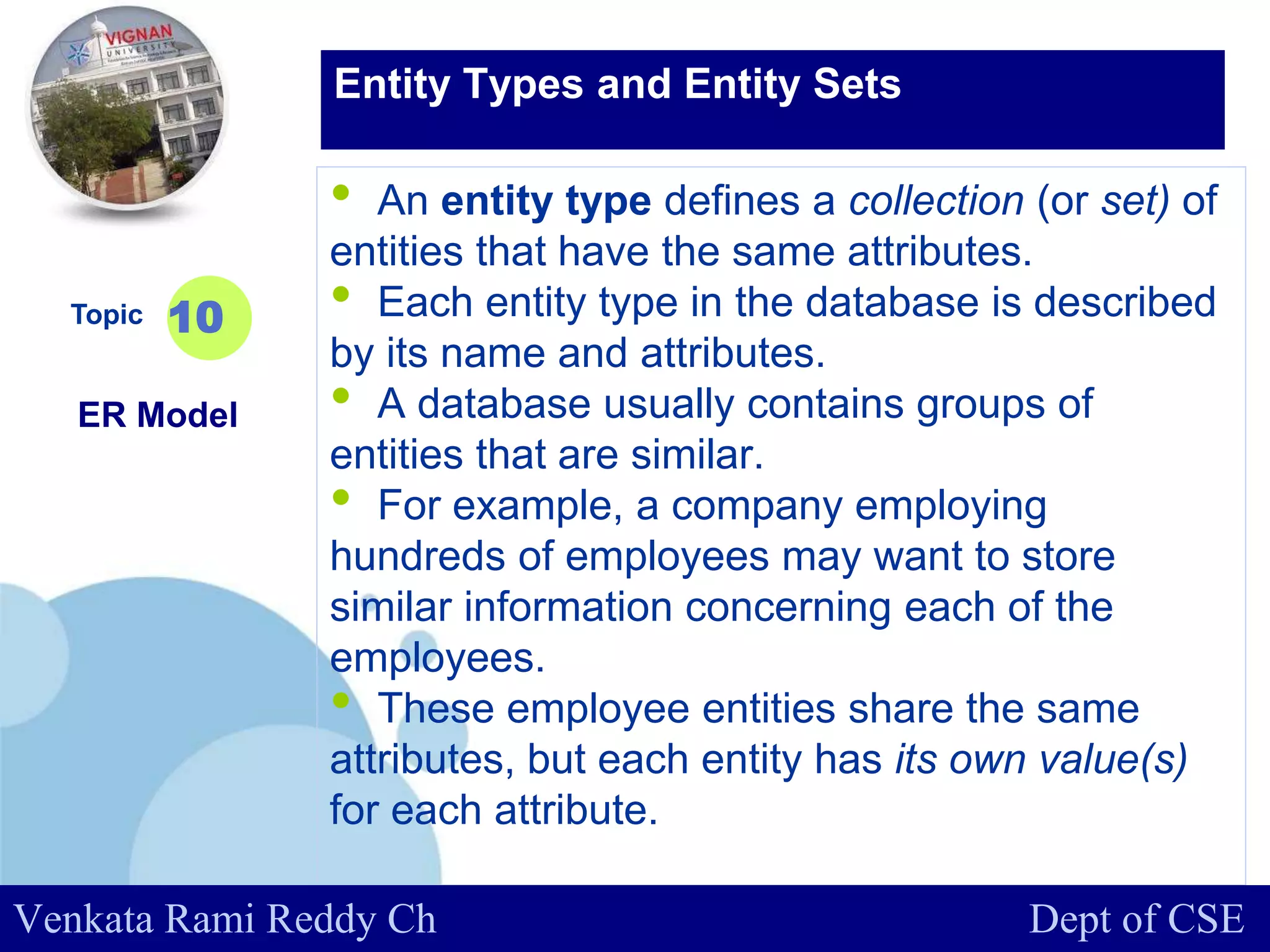 www.company.com
• An entity type defines a collection (or set) of
entities that have the same attributes.
• Each entity type in the database is described
by its name and attributes.
• A database usually contains groups of
entities that are similar.
• For example, a company employing
hundreds of employees may want to store
similar information concerning each of the
employees.
• These employee entities share the same
attributes, but each entity has its own value(s)
for each attribute.
Topic
ER Model
10
Entity Types and Entity Sets
Venkata Rami Reddy Ch Dept of CSE
 