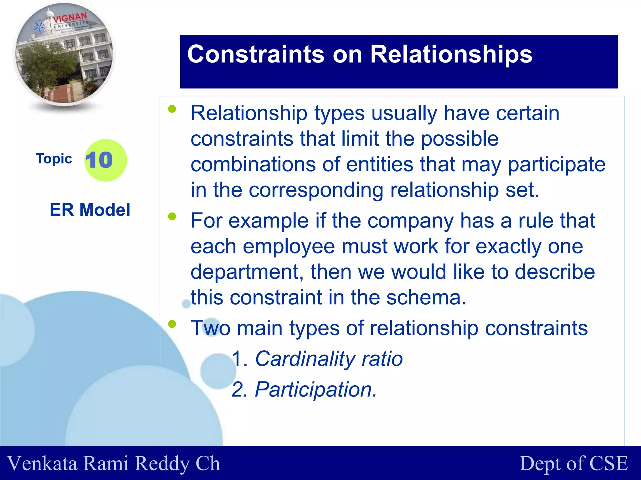 www.company.com
• Relationship types usually have certain
constraints that limit the possible
combinations of entities that may participate
in the corresponding relationship set.
• For example if the company has a rule that
each employee must work for exactly one
department, then we would like to describe
this constraint in the schema.
• Two main types of relationship constraints
1. Cardinality ratio
2. Participation.
Topic
ER Model
10
Constraints on Relationships
Venkata Rami Reddy Ch Dept of CSE
 