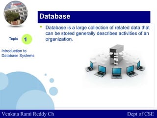 www.company.com
• Database is a large collection of related data that
can be stored generally describes activities of an
organization.Topic
Introduction to
Database Systems
1
Database
Venkata Rami Reddy Ch Dept of CSE
 