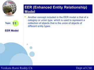www.company.com
• Another concept included in the EER model is that of a
category or union type which is used to represent a
collection of objects that is the union of objects of
different entity types
Topic
EER Model
11
EER (Enhanced Entity Relationship)
Model
Venkata Rami Reddy Ch Dept of CSE
 