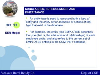 www.company.com
• An entity type is used to represent both a type of
entity and the entity set or collection of entities of that
type that exist in the database.
• For example, the entity type EMPLOYEE describes
the type (that is, the attributes and relationships) of each
employee entity, and also refers to the current set of
EMPLOYEE entities in the COMPANY database.
Topic
EER Model
11
SUBCLASSES, SUPERCLASSES AND
INHERITANCE
Venkata Rami Reddy Ch Dept of CSE
 