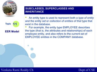 www.company.com
• An entity type is used to represent both a type of entity
and the entity set or collection of entities of that type that
exist in the database.
• For example, the entity type EMPLOYEE describes
the type (that is, the attributes and relationships) of each
employee entity, and also refers to the current set of
EMPLOYEE entities in the COMPANY database.
Topic
EER Model
11
SUBCLASSES, SUPERCLASSES AND
INHERITANCE
Venkata Rami Reddy Ch Dept of CSE
 