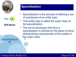 www.company.com
• Specialization is the process of defining a set
of subclasses of an entity type;
• That entity type is called the super class of
the specialization.
• The set of subclasses that form a
specialization is defined on the basis of some
distinguishing characteristic of the entities in
the super class
Topic
EER Model
Specialization.m
p4
11
Specialization
Venkata Rami Reddy Ch Dept of CSE
 