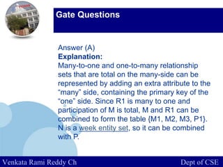www.company.com
Gate Questions
Venkata Rami Reddy Ch Dept of CSE
Answer (A)
Explanation:
Many-to-one and one-to-many relationship
sets that are total on the many-side can be
represented by adding an extra attribute to the
“many” side, containing the primary key of the
“one” side. Since R1 is many to one and
participation of M is total, M and R1 can be
combined to form the table {M1, M2, M3, P1}.
N is a week entity set, so it can be combined
with P.
 