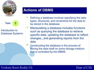 www.company.com
• Defining a database involves specifying the data
types, structures, and constraints for the data to
be stored in the database
• Manipulating a database includes functions
such as querying the database to retrieve
specific data, updating the database to reflect
changes,, and generating reports from the
data
• Constructing the database is the process of
storing the data itself on some storage medium
that is controlled by the DBMS.
Topic
Introduction to
Database Systems
1
Actions of DBMS
Venkata Rami Reddy Ch Dept of CSE
 