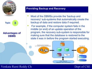 www.company.com
• Most of the DBMSs provide the 'backup and
recovery' sub-systems that automatically create the
backup of data and restore data if required.
• For example, if the computer system fails in the
middle (or end) of an update operation of the
program, the recovery sub-system is responsible for
making sure that the database is restored to the
state it was in before the program started executing.
Topic
Advantages of
DBMS
3
Providing Backup and Recovery
Venkata Rami Reddy Ch Dept of CSE
 