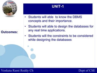 www.company.com
UNIT-1
Outcomes::
Venkata Rami Reddy Ch Dept of CSE
• Students will able to know the DBMS
concepts and their importance.
• Students will able to design the databases for
any real time applications.
• Students will the constraints to be considered
while designing the databases
 