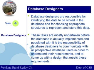 www.company.com
• Database designers are responsible for
identifying the data to be stored in the
database and for choosing appropriate
structures to represent and store this data.
• These tasks are mostly undertaken before
the database is actually implemented and
populated with It is the responsibility of
database designers to communicate with
all prospective database users in order to
understand their requirements, and to
come up with a design that meets these
requirements.
Topic
Database Designers
4
Database Designers
Venkata Rami Reddy Ch Dept of CSE
 
