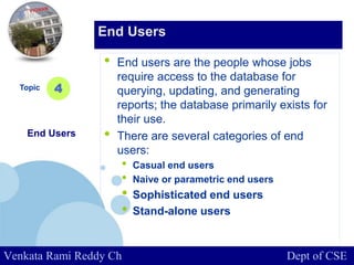 www.company.com
• End users are the people whose jobs
require access to the database for
querying, updating, and generating
reports; the database primarily exists for
their use.
• There are several categories of end
users:
• Casual end users
• Naive or parametric end users
• Sophisticated end users
• Stand-alone users
Topic
End Users
4
End Users
Venkata Rami Reddy Ch Dept of CSE
 