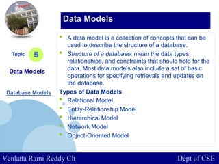 www.company.com
• A data model is a collection of concepts that can be
used to describe the structure of a database.
• Structure of a database; mean the data types,
relationships, and constraints that should hold for the
data. Most data models also include a set of basic
operations for specifying retrievals and updates on
the database.
Types of Data Models
• Relational Model
• Entity-Relationship Model
• Hierarchical Model
• Network Model
• Object-Oriented Model
Topic
Data Models
5
Data Models
Venkata Rami Reddy Ch Dept of CSE
Database Models
 