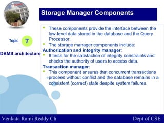 www.company.com
• These components provide the interface between the
low-level data stored in the database and the Query
Processor.
• The storage manager components include:
Authorization and integrity manager:
• It tests for the satisfaction of integrity constraints and
checks the authority of users to access data.
Transaction manager:
• This component ensures that concurrent transactions
proceed without conflict and the database remains in a
consistent (correct) state despite system failures.
Topic
DBMS architecture
7
Storage Manager Components
Venkata Rami Reddy Ch Dept of CSE
 