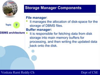 www.company.com
File manager:
• It manages the allocation of disk-space for the
storage of DBMS files.
Buffer manager:
• It is responsible for fetching data from disk
storage into main memory buffers for
processing, and then writing the updated data
back onto the disk.
Topic
DBMS architecture
7
Storage Manager Components
Venkata Rami Reddy Ch Dept of CSE
 
