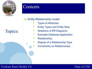 www.company.com
Contents
Topics:
Venkata Rami Reddy Ch Dept of CSE
10. Entity-Relationship model
• Types of Attributes
• Entity Types and Entity Sets:
• Notations of ER Diagrams
• Example Database Application
• Relationship:
• Degree of a Relationship Type
• Constraints on Relationships
 