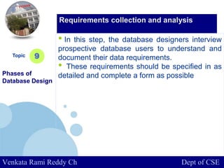 www.company.com
• In this step, the database designers interview
prospective database users to understand and
document their data requirements.
• These requirements should be specified in as
detailed and complete a form as possible
Topic
Phases of
Database Design
9
Requirements collection and analysis
Venkata Rami Reddy Ch Dept of CSE
 