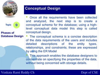 www.company.com
• Once all the requirements have been collected
and analyzed, the next step is to create a
conceptual schema for the database; using a high-
level conceptual data model this step is called
conceptual design.
• The conceptual schema is a concise description
of the data requirements of the users and includes
detailed descriptions of the entity types,
relationships, and constraints; these are expressed
by using the ER Model
• This approach enables the database designers to
concentrate on specifying the properties of the data,
without being concerned with storage details.
Topic
Phases of
Database Design
9
Conceptual Design
Venkata Rami Reddy Ch Dept of CSE
 