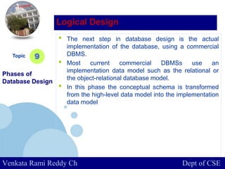 www.company.com
• The next step in database design is the actual
implementation of the database, using a commercial
DBMS.
• Most current commercial DBMSs use an
implementation data model such as the relational or
the object-relational database model.
• In this phase the conceptual schema is transformed
from the high-level data model into the implementation
data model
Topic
Phases of
Database Design
9
Logical Design
Venkata Rami Reddy Ch Dept of CSE
 