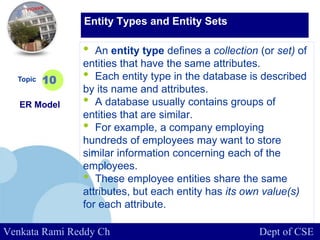 www.company.com
• An entity type defines a collection (or set) of
entities that have the same attributes.
• Each entity type in the database is described
by its name and attributes.
• A database usually contains groups of
entities that are similar.
• For example, a company employing
hundreds of employees may want to store
similar information concerning each of the
employees.
• These employee entities share the same
attributes, but each entity has its own value(s)
for each attribute.
Topic
ER Model
10
Entity Types and Entity Sets
Venkata Rami Reddy Ch Dept of CSE
 