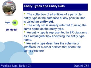 www.company.com
• The collection of all entities of a particular
entity type in the database at any point in time
is called an entity set.
• The entity set is usually referred to using the
same name as the entity type.
• An entity type is represented in ER diagrams
as a rectangular box enclosing the entity type
name.
• An entity type describes the schema or
intension for a set of entities that share the
same structure
Topic
ER Model
10
Entity Types and Entity Sets
Venkata Rami Reddy Ch Dept of CSE
 
