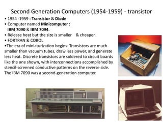 Second Generation Computers (1954-1959) - transistor
22
• 1954 -1959 : Transistor & Diode
• Computer named Minicomputer :
IBM 7090 & IBM 7094.
• Release heat but the size is smaller & cheaper.
• FORTRAN & COBOL
•The era of miniaturization begins. Transistors are much
smaller than vacuum tubes, draw less power, and generate
less heat. Discrete transistors are soldered to circuit boards
like the one shown, with interconnections accomplished by
stencil-screened conductive patterns on the reverse side.
The IBM 7090 was a second-generation computer.
 