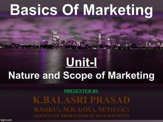 Basics Of Marketing
Unit-I
Nature and Scope of Marketing
PRESENTED BY
K.BALASRI PRASAD
B.Sc(KU), M.B.A(OU), NET(UGC)
ASSOCIATE PROFESSOR IN MANAGEMENT
 