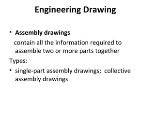 Engineering Drawing
• Assembly drawings
contain all the information required to
assemble two or more parts together
Types:
• single-part assembly drawings; collective
assembly drawings
 