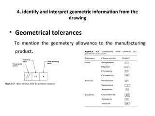 4. identify and interpret geometric information from the
drawing
• Geometrical tolerances
To mention the geometery allowance to the manufacturing
product.
 