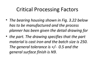 Critical Processing Factors
• The bearing housing shown in Fig. 3.22 below
has to be manufactured and the process
planner has been given the detail drawing for
• the part. The drawing specifies that the part
material is cast iron and the batch size is 250.
The general tolerance is +/- 0.5 and the
general surface finish is N9.
 
