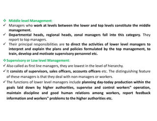  Middle level Management:
 Managers who work at levels between the lower and top levels constitute the middle
management.
 Departmental heads, regional heads, zonal managers fall into this category. They
report to top managers.
 Their principal responsibilities are to direct the activities of lower level managers to
interpret and explain the plans and policies formulated by the top management, to
train, develop and motivate supervisory personnel etc.
Supervisory or Low level Management:
 Also called as first line managers, they are lowest in the level of hierarchy.
 It consists of supervisors, sales officers, accounts officers etc. The distinguishing feature
of these managers is that they deal with non-managers or workers.
 The functions of lower level managers include planning day-today production within the
goals laid down by higher authorities, supervise and control workers‟ operation,
maintain discipline and good human relations among workers, report feedback
information and workers‟ problems to the higher authorities etc.
 