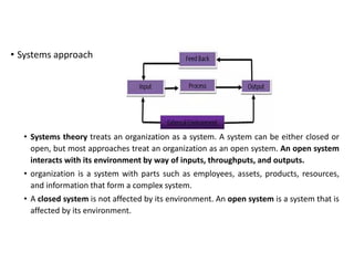 • Systems approach
• Systems theory treats an organization as a system. A system can be either closed or
open, but most approaches treat an organization as an open system. An open system
interacts with its environment by way of inputs, throughputs, and outputs.
• organization is a system with parts such as employees, assets, products, resources,
and information that form a complex system.
• A closed system is not affected by its environment. An open system is a system that is
affected by its environment.
 
