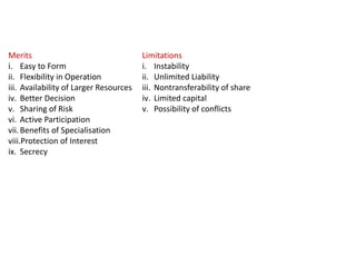 Merits
i. Easy to Form
ii. Flexibility in Operation
iii. Availability of Larger Resources
iv. Better Decision
v. Sharing of Risk
vi. Active Participation
vii.Benefits of Specialisation
viii.Protection of Interest
ix. Secrecy
Limitations
i. Instability
ii. Unlimited Liability
iii. Nontransferability of share
iv. Limited capital
v. Possibility of conflicts
 