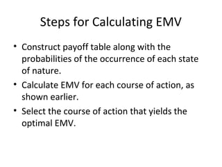 Steps for Calculating EMV
• Construct payoff table along with the
probabilities of the occurrence of each state
of nature.
• Calculate EMV for each course of action, as
shown earlier.
• Select the course of action that yields the
optimal EMV.
 