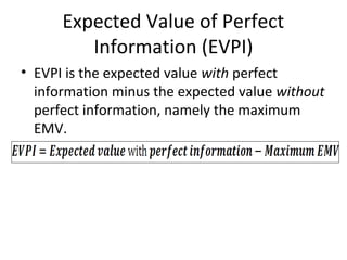 Expected Value of Perfect
Information (EVPI)
• EVPI is the expected value with perfect
information minus the expected value without
perfect information, namely the maximum
EMV.
 
