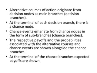 • Alternative courses of action originate from
decision nodes as main branches (decision
branches).
• At the terminal of each decision branch, there is
a chance node.
• Chance events emanate from chance nodes in
the form of sub-branches (chance branches).
• The respective payoffs and the probabilities
associated with the alternative courses and
chance events are shown alongside the chance
branches.
• At the terminal of the chance branches expected
payoffs are shown.
 