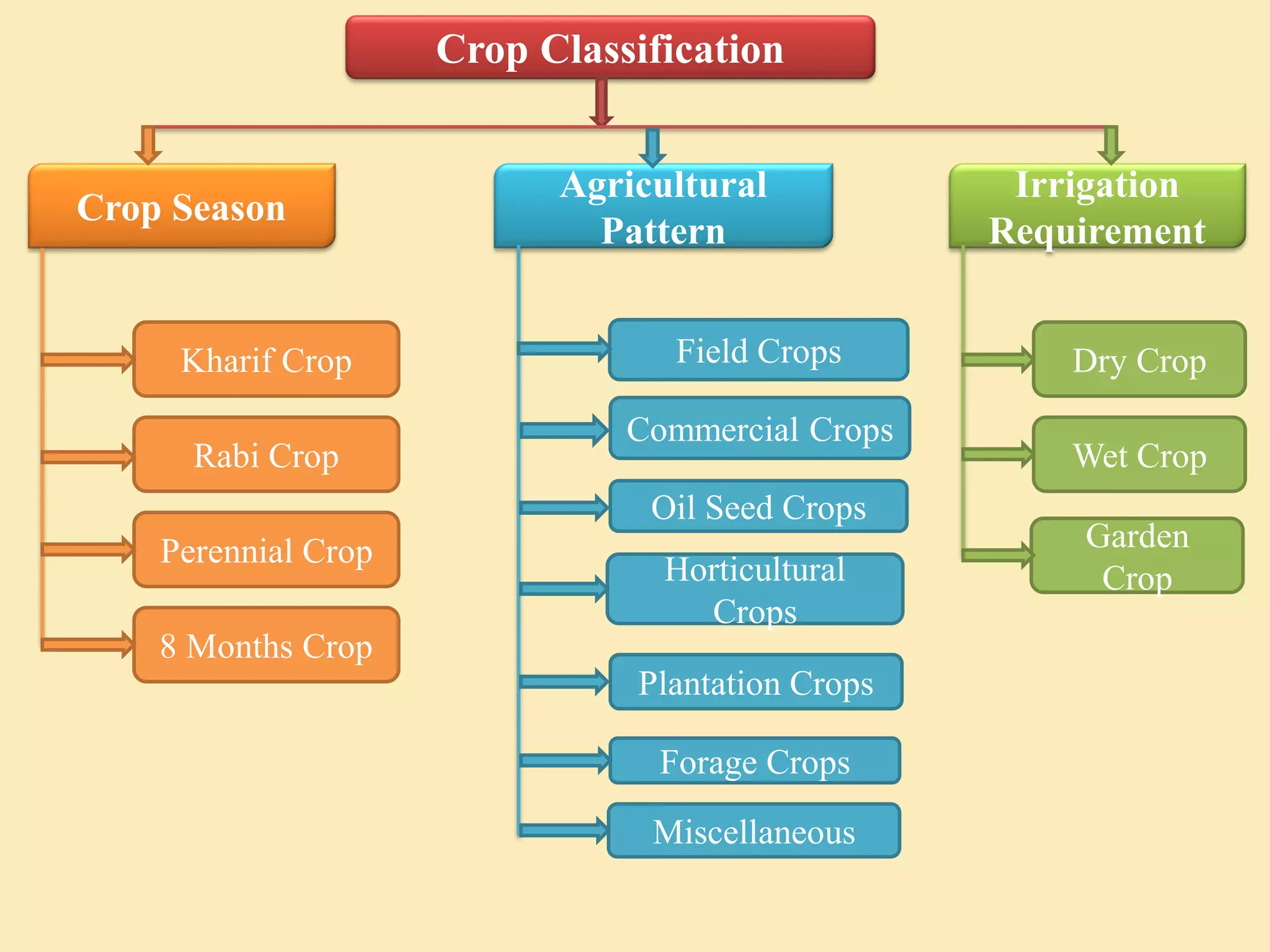 Crop Classification
Crop Season
Agricultural
Pattern
Irrigation
Requirement
Kharif Crop
Rabi Crop
Perennial Crop
8 Months Crop
Dry Crop
Wet Crop
Garden
Crop
Field Crops
Commercial Crops
Plantation Crops
Horticultural
Crops
Miscellaneous
Oil Seed Crops
Forage Crops
 