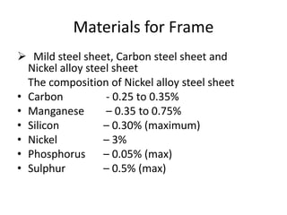 Materials for Frame
 Mild steel sheet, Carbon steel sheet and
Nickel alloy steel sheet
The composition of Nickel alloy steel sheet
• Carbon - 0.25 to 0.35%
• Manganese – 0.35 to 0.75%
• Silicon – 0.30% (maximum)
• Nickel – 3%
• Phosphorus – 0.05% (max)
• Sulphur – 0.5% (max)
 