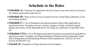 Schedule to the Rules
Schedule A:- Proforma for application for the licenses, issue and renewal of licences,
for sending memoranda under the act.
Schedule B:- Rates of fees for test or analysis by the Central Drug Laboratory or the
Government Analyst.
Schedule C:- List of Biological and special products (Inject able) applicable to
special provisions. Examples are sera, vaccines, antigens, insulin, sterilized surgical
ligature and suture, sterile disposable device for single use, antibiotics in injectable form
etc.
Schedule C(1):- List of Biological and special products (non parentral) applicable to
special provisions. Examples are Drugs belonging to Digitalis and its preparation, Ergot
and its preparation containing drugs,Vitamins and its preparation, Vaccines, In-vitro
devices for HIV,HCV etc.
Schedule D:- Exemption of drugs from provision of import
 