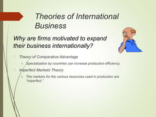 Theories of International
Business
Why are firms motivated to expand
their business internationally?
 Theory of Comparative Advantage
 Specialization by countries can increase production efficiency.
 Imperfect Markets Theory
 The markets for the various resources used in production are
“imperfect.”
 