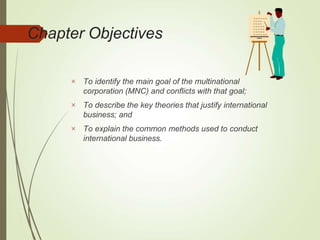 Chapter Objectives



To identify the main goal of the multinational
corporation (MNC) and conflicts with that goal;
To describe the key theories that justify international
business; and
To explain the common methods used to conduct
international business.
 