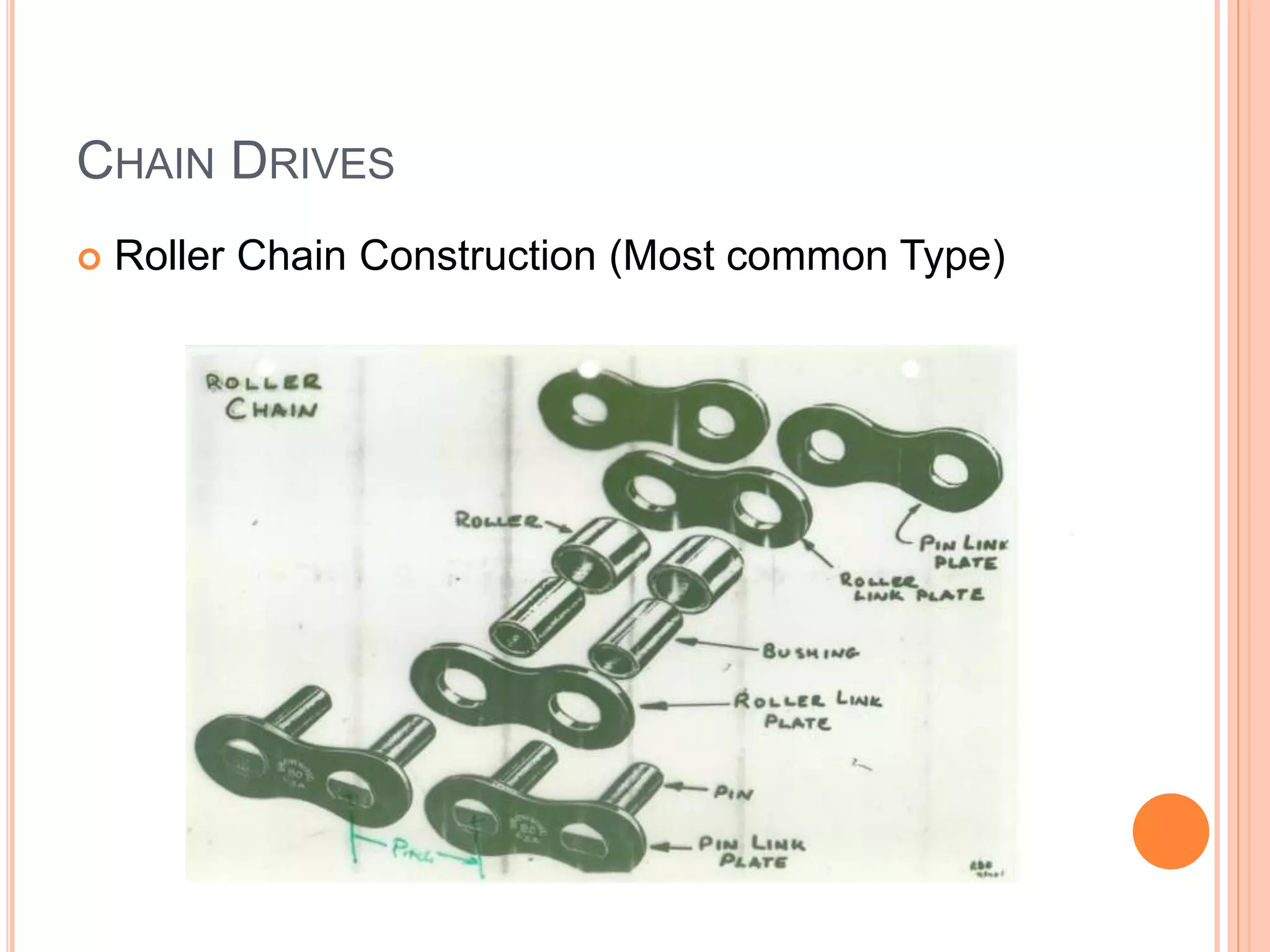 CHAIN DRIVES
 Roller Chain Construction (Most common Type)
 